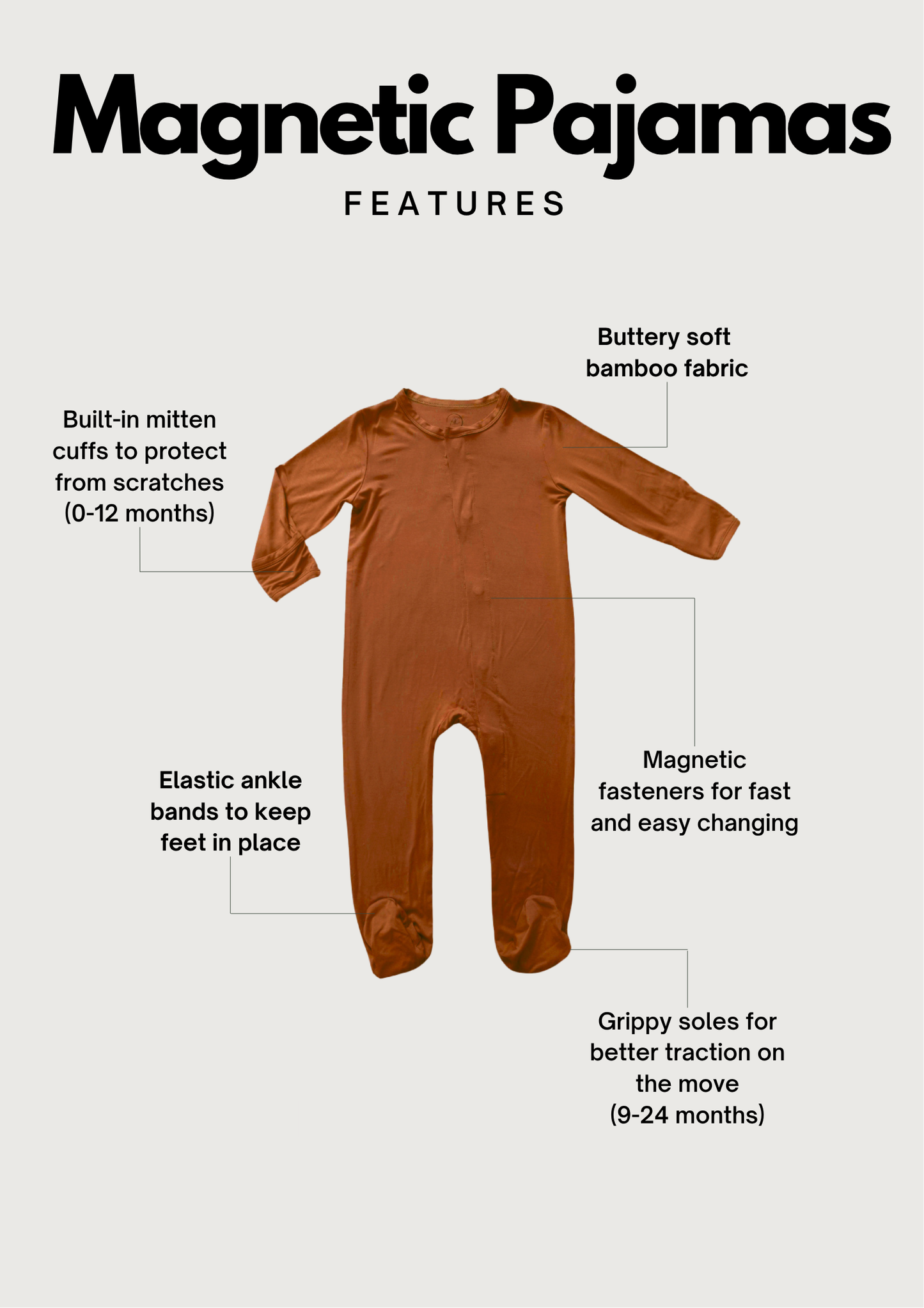 Bamboo Baby Pajamas - Quick Magnetic Fastener Sleeper in Oak (0-24 Months)